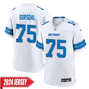 Colby Sorsdal No 75 Men’s Detroit Lions Away Game 2024 Jersey – White