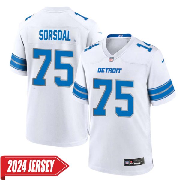 Colby Sorsdal No 75 Men’S Detroit Lions Away Game 2024 Jersey – White