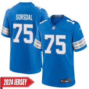 Colby Sorsdal No 75 Men’s Detroit Lions Home Game 2024 Jersey – Blue