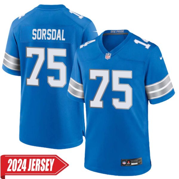 Colby Sorsdal No 75 Men’S Detroit Lions Home Game 2024 Jersey – Blue
