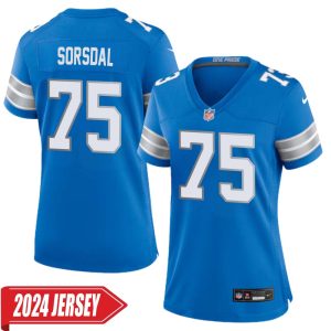 Colby Sorsdal No 75 Woman’s Detroit Lions Home Game 2024 Jersey – Blue