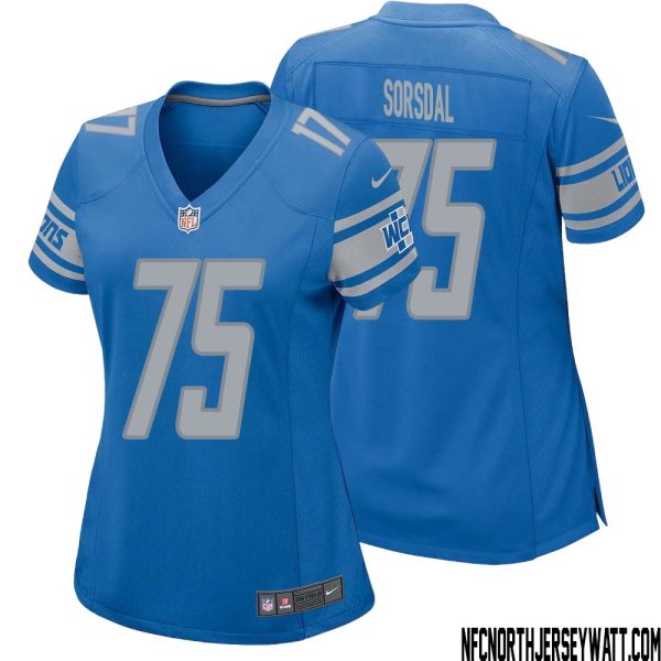 Colby Sorsdal No 75 Women Blue Detroit Lions Player Home Game Jersey – Replica