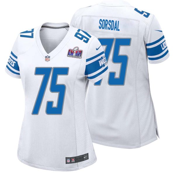 Colby Sorsdal No 75 Womens Custom White Detroit Lions Super Bowl Lviii Away Game Jersey