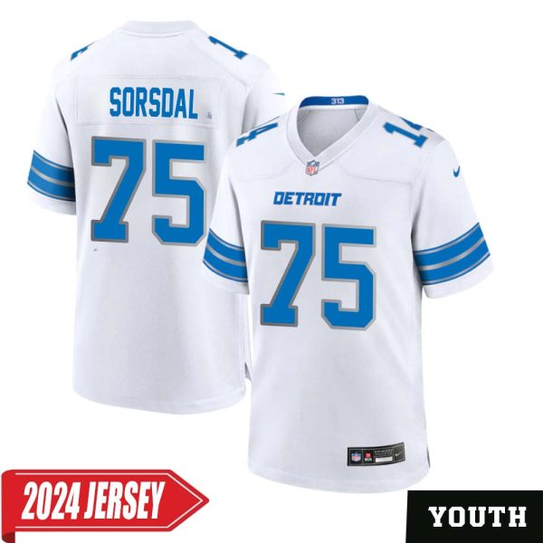 Colby Sorsdal No 75 Youth’S Detroit Lions Away Game 2024 Jersey – White