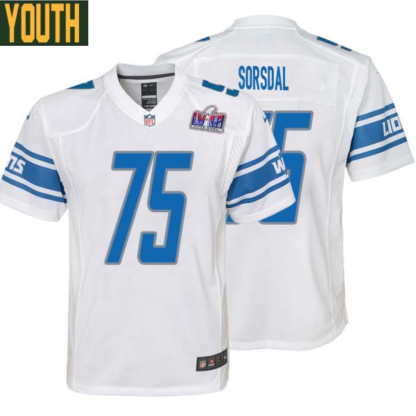 Colby Sorsdal No 75 Youths Custom White Detroit Lions Super Bowl Lviii Away Game Jersey