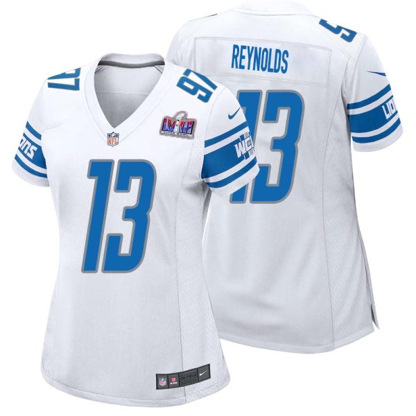 Craig Reynolds No 13 Womens Custom White Detroit Lions Super Bowl Lviii Away Game Jersey