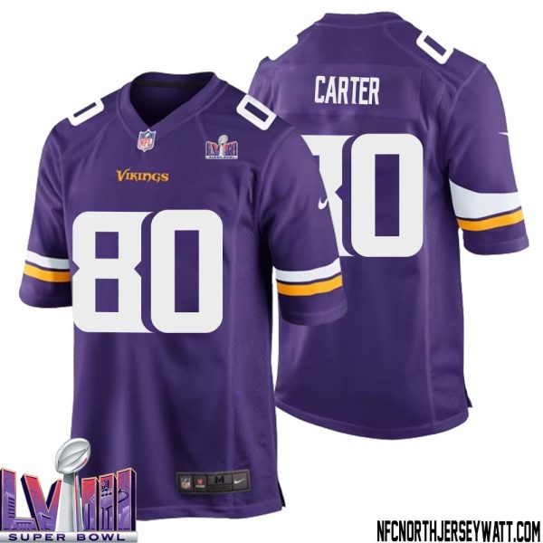 Cris Carter No 80 Minnesota Vikings Super Bowl Lviii Home Game Jersey Court Purple For Mens – Replica