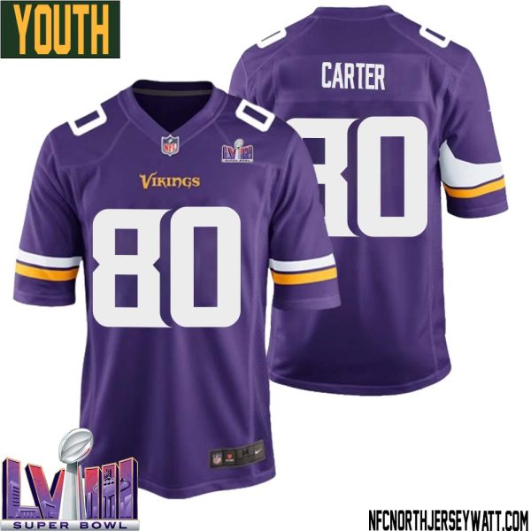 Cris Carter No 80 Minnesota Vikings Super Bowl Lviii Home Game Jersey Court Purple For Youth – Replica