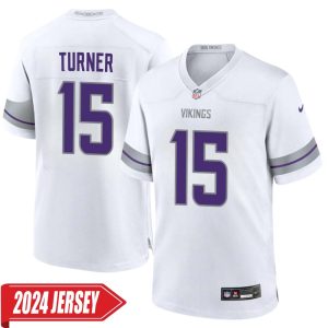 Dallas Turner No 15 Men’s Minnesota Vikings White Alternate Custom Game 2024 Jersey