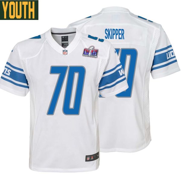 Dan Skipper No 70 Youths Custom White Detroit Lions Super Bowl Lviii Away Game Jersey