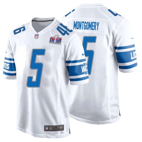 David Montgomery No 5 Mens Custom White Detroit Lions Super Bowl LVIII Away Game Jersey