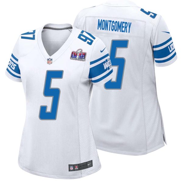 David Montgomery No 5 Womens Custom White Detroit Lions Super Bowl Lviii Away Game Jersey