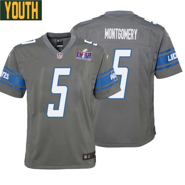 David Montgomery No 5 Youths Custom Gray Detroit Lions Alternate Super Bowl Lviii Game Jersey