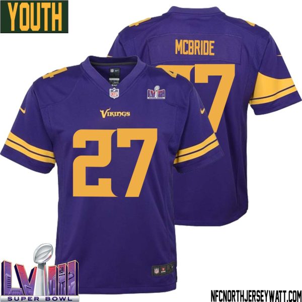 Dewayne Mcbride No 27 Minnesota Vikings Super Bowl Lviii Alternate Game Jersey Purple For Youth – Replica