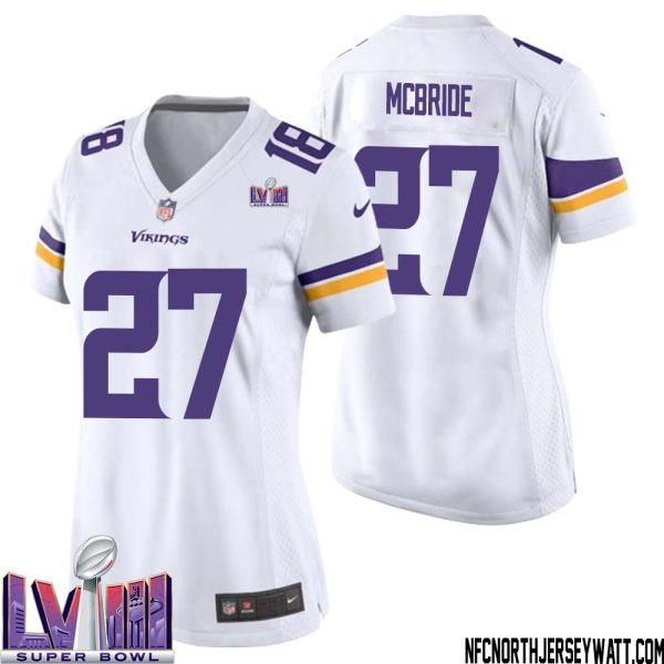 Dewayne Mcbride No 27 Minnesota Vikings Super Bowl Lviii Away Game Jersey White For Women – Replica