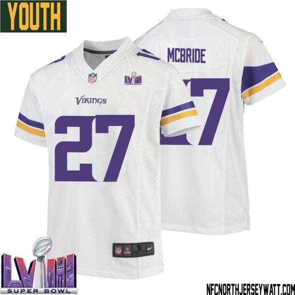 Dewayne Mcbride No 27 Minnesota Vikings Super Bowl Lviii Away Game Jersey White For Youth – Replica
