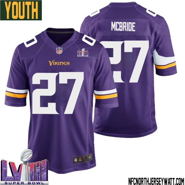 Dewayne Mcbride No 27 Minnesota Vikings Super Bowl Lviii Home Game Jersey Court Purple For Youth – Replica