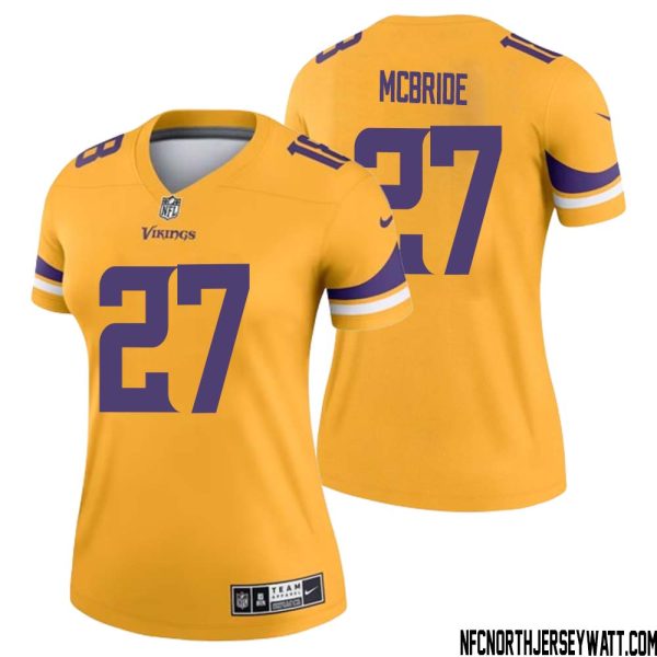 Dewayne Mcbride No 27 Women Minnesota Vikings Gold Inverted Legend Jersey – Replica