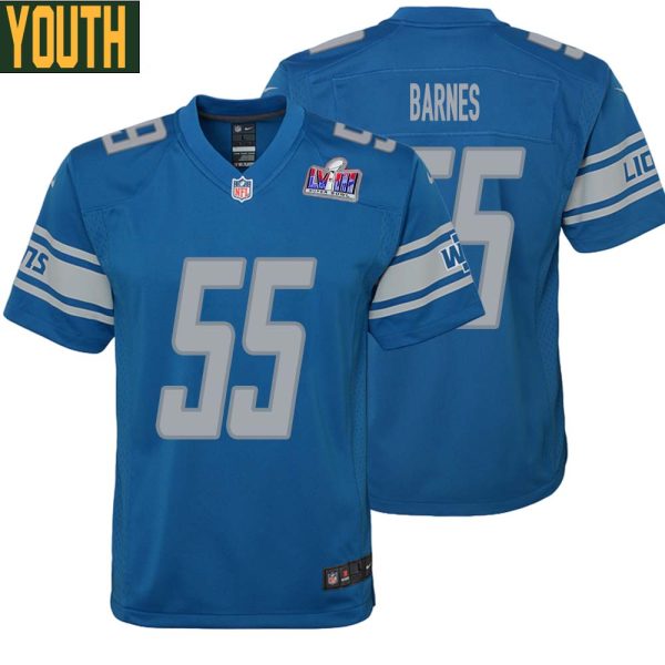 Derrick Barnes No 55 Youths Custom Blue Detroit Lions Super Bowl Lviii Player Home Game Jersey