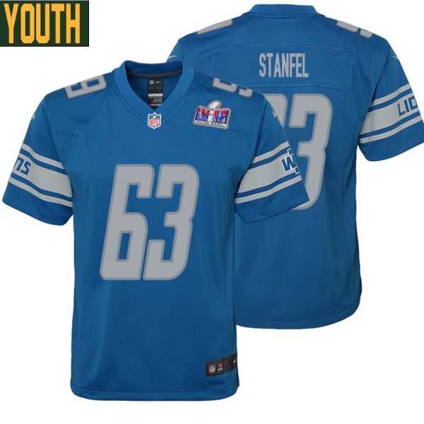 Dick Stanfel No 63 Youths Custom Blue Detroit Lions Super Bowl Lviii Player Home Game Jersey