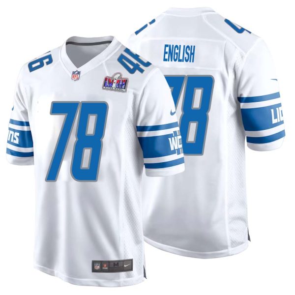 Doug English No 78 Mens Custom White Detroit Lions Super Bowl Lviii Away Game Jersey