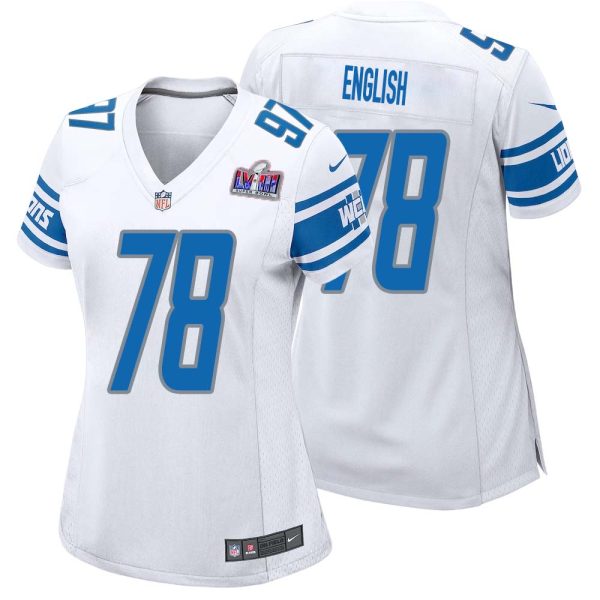 Doug English No 78 Womens Custom White Detroit Lions Super Bowl Lviii Away Game Jersey