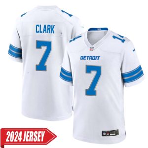 Dutch Clark No 7 Men’s Detroit Lions Away Game 2024 Jersey – White