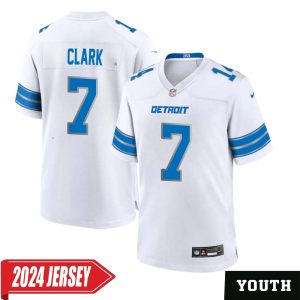 Dutch Clark No 7 Youth’s Detroit Lions Away Game 2024 Jersey – White