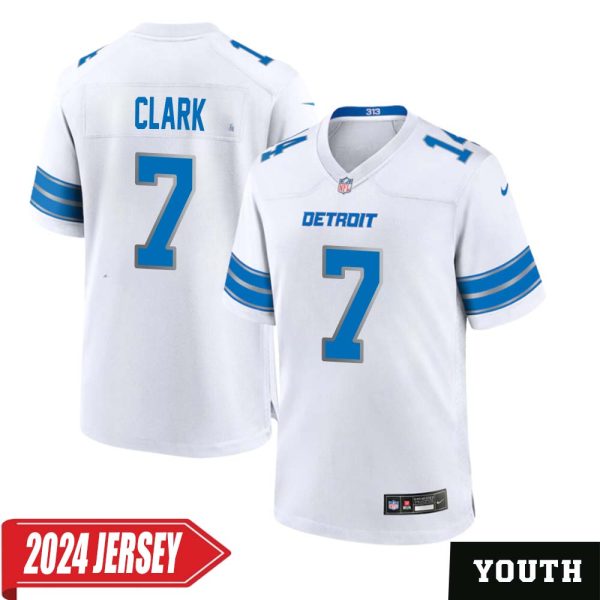 Dutch Clark No 7 Youth’S Detroit Lions Away Game 2024 Jersey – White