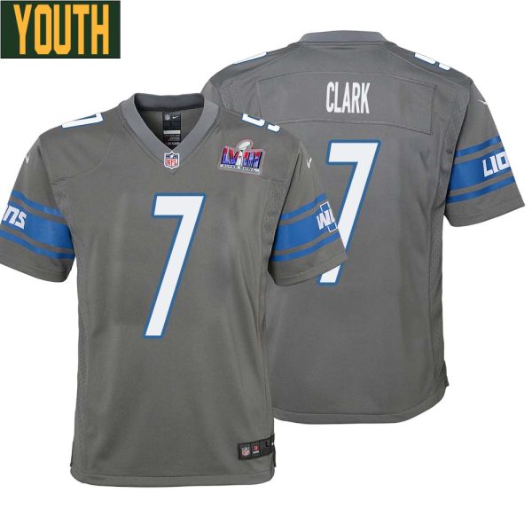 Dutch Clark No 7 Youths Custom Gray Detroit Lions Alternate Super Bowl Lviii Game Jersey