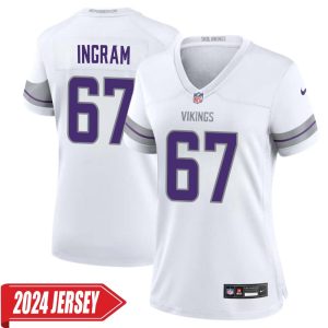 Ed Ingram No 67 Woman’s Minnesota Vikings White Alternate Custom Game 2024 Jersey