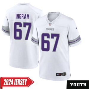 Ed Ingram No 67 Youth’s Minnesota Vikings White Alternate Custom Game 2024 Jersey