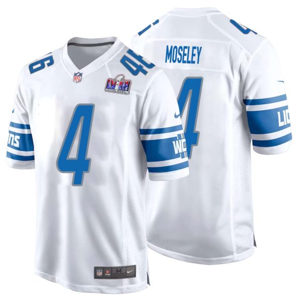 Emmanuel Moseley No 4 Mens Custom White Detroit Lions Super Bowl Lviii Away Game Jersey