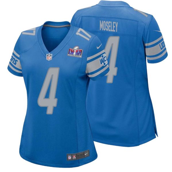 Emmanuel Moseley No 4 Womens Custom Blue Detroit Lions Super Bowl Lviii Player Home Game Jersey