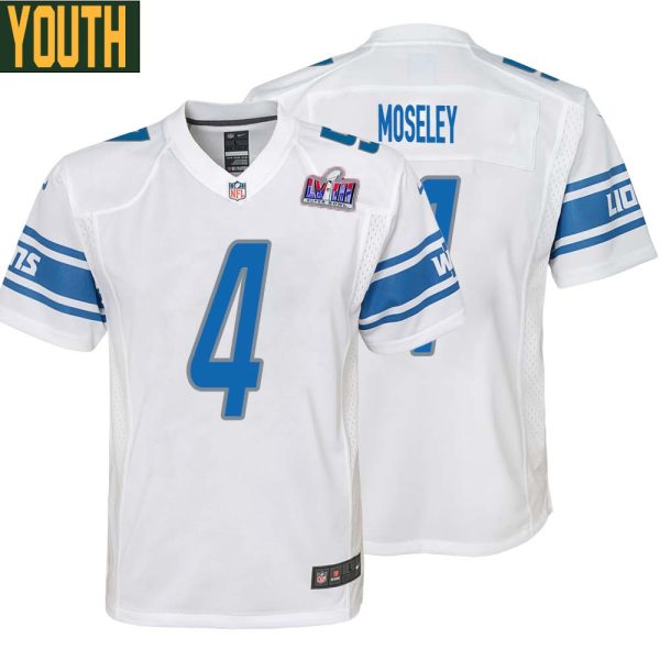 Emmanuel Moseley No 4 Youths Custom White Detroit Lions Super Bowl Lviii Away Game Jersey