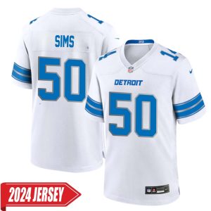 Ernie Sims No 50 Men’s Detroit Lions Away Game 2024 Jersey – White