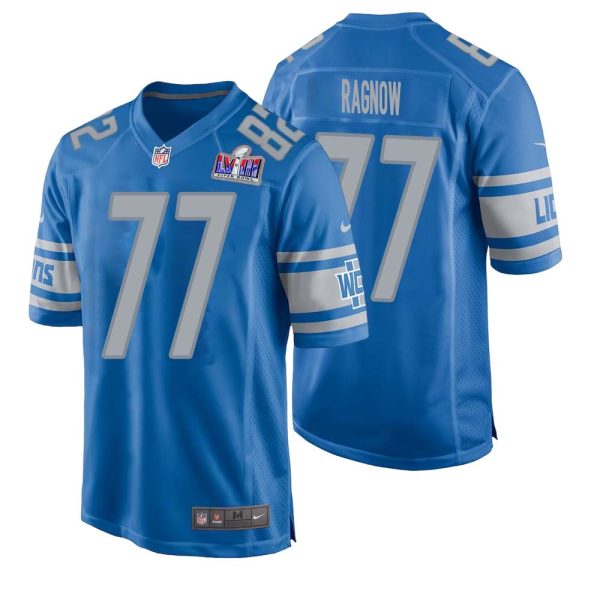 Frank Ragnow No 77 Mens Custom Blue Detroit Lions Super Bowl LVIII Player Home Game Jersey