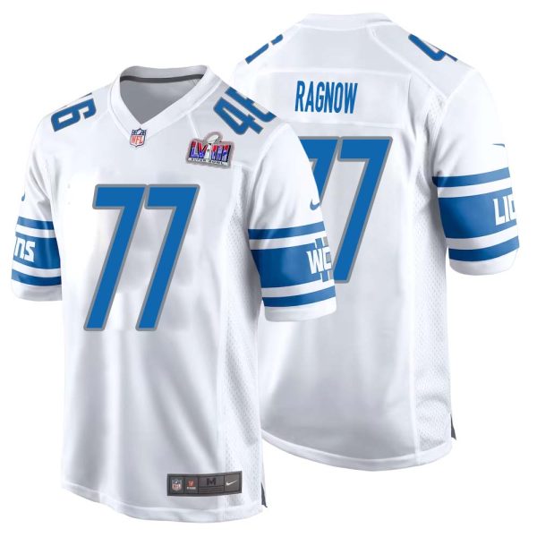 Frank Ragnow No 77 Mens Custom White Detroit Lions Super Bowl Lviii Away Game Jersey