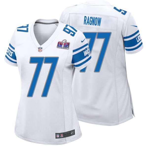 Frank Ragnow No 77 Womens Custom White Detroit Lions Super Bowl Lviii Away Game Jersey