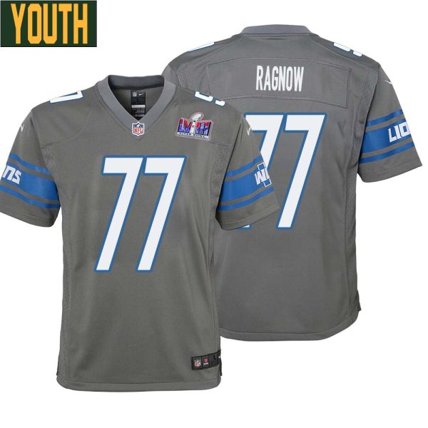 Frank Ragnow No 77 Youths Custom Gray Detroit Lions Alternate Super Bowl Lviii Game Jersey