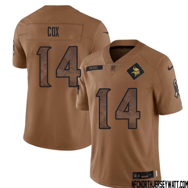 Fred Cox No 14 Men Brown Minnesota Vikings 2023 Salute To Service Limited Jersey – Replica