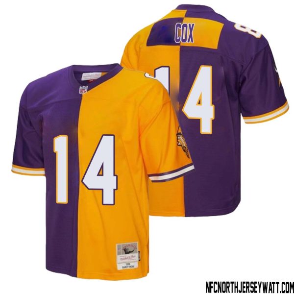 Fred Cox No 14 Men Mitchell & Ness Purple Gold Minnesota Vikings 1998 Split Legacy Replica Jersey