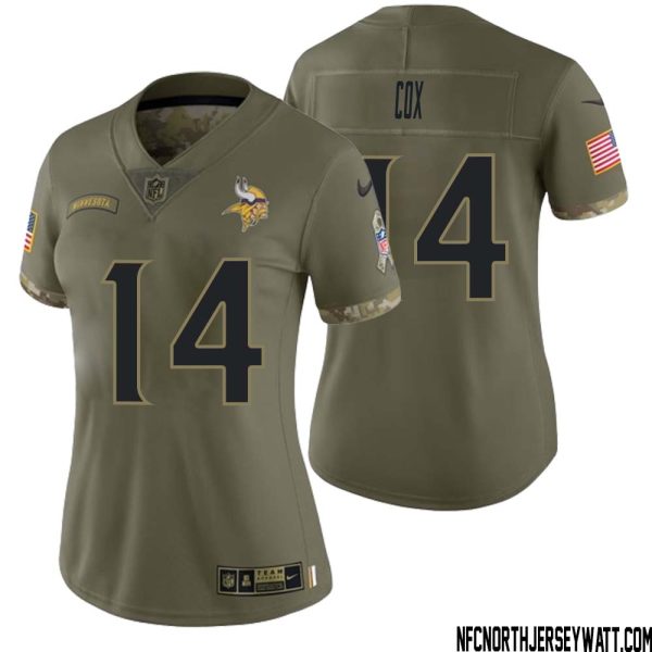 Fred Cox No 14 Women Olive Minnesota Vikings 2022 Salute To Service Retired Player Limited Jersey – Replica