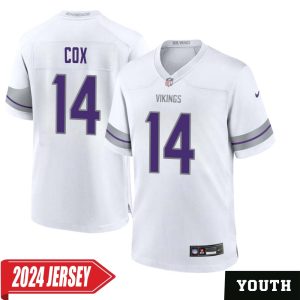 Fred Cox No 14 Youth’s Minnesota Vikings White Alternate Custom Game 2024 Jersey