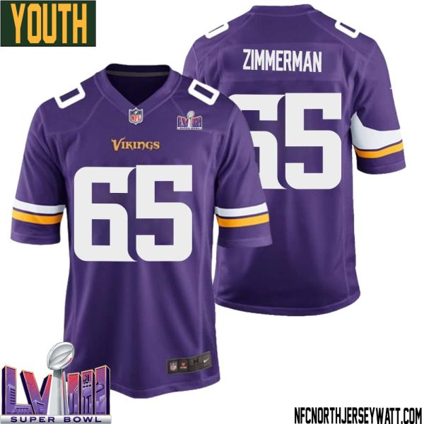 Gary Zimmerman No 65 Minnesota Vikings Super Bowl Lviii Home Game Jersey Court Purple For Youth – Replica