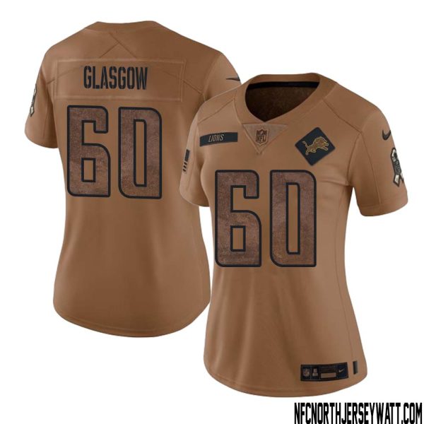 Graham Glasgow No 60 Women Brown Detroit Lions 2023 Salute To Service Retired Player Limited Jersey – Replica