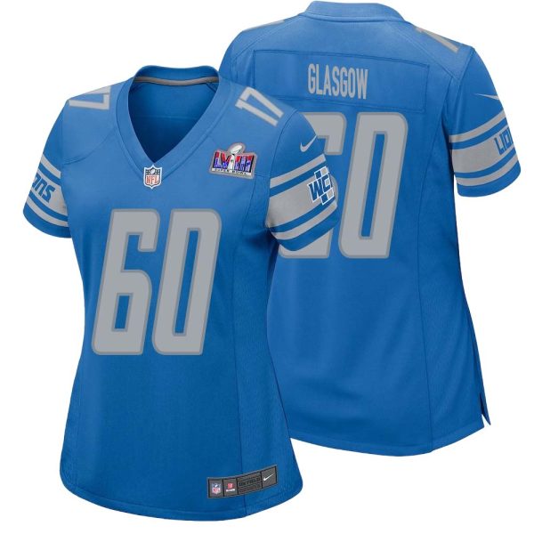 Graham Glasgow No 60 Womens Custom Blue Detroit Lions Super Bowl Lviii Player Home Game Jersey