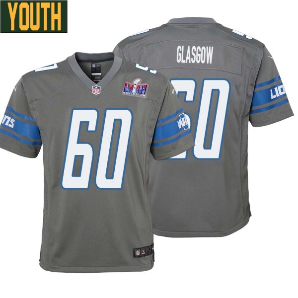 Graham Glasgow No 60 Youths Custom Gray Detroit Lions Alternate Super Bowl Lviii Game Jersey
