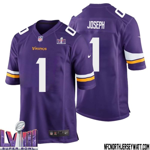 Greg Joseph No 1 Minnesota Vikings Super Bowl Lviii Home Game Jersey Court Purple For Mens – Replica