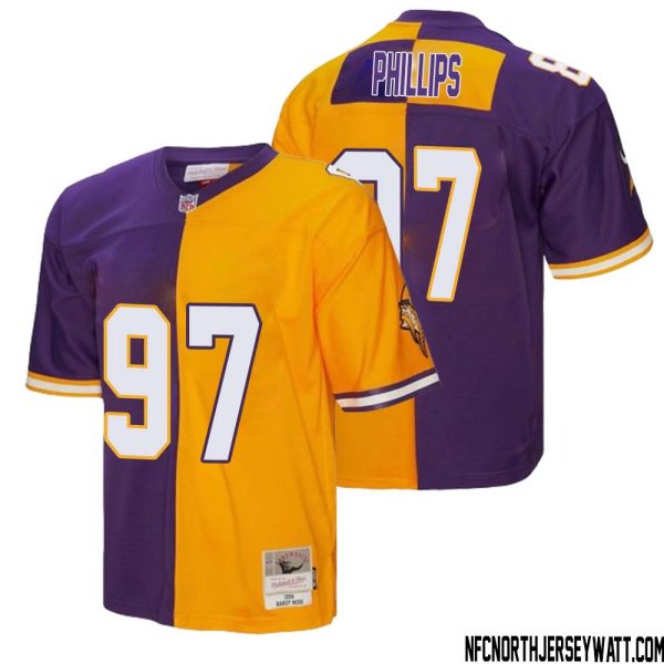 Harrison Phillips No 97 Men Mitchell & Ness Purple Gold Minnesota Vikings 1998 Split Legacy Replica Jersey